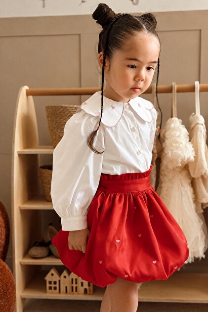 Collar Heart Detailed Girls' Shirt with Pink Heart Embroidery