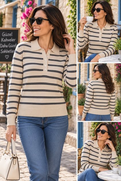 Women's Striped Sports Polo Collar Mercerized Long Sleeve Seasonal Sweater