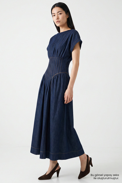 Corset Waist Low Sleeve Regular Midi Dress
