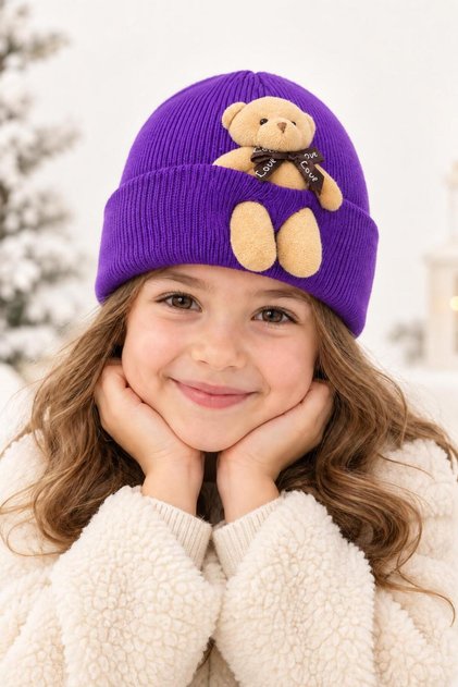 Детска плетена на ластик линеирана сгъната лилава шапка, топла зимна унисекс детска шапка, подходяща за деца на възраст 1-7 години.