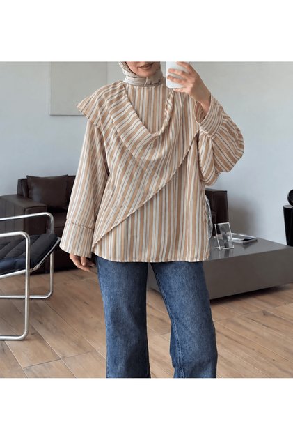 Shawl Collar Striped Blouse - Mink