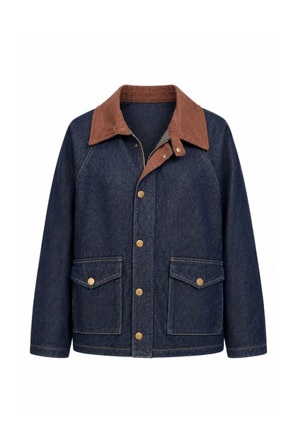Denim Jacket with Velvet Collar and Pocket
