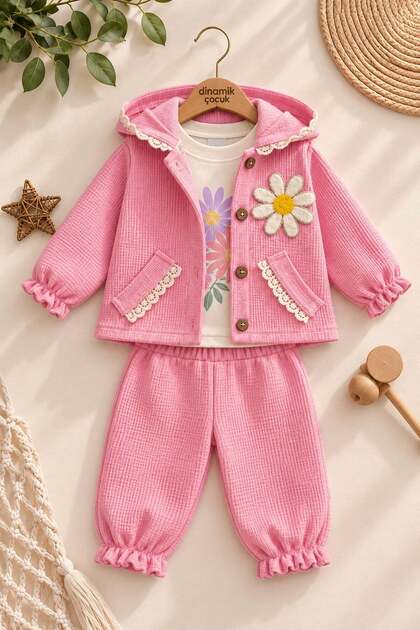 Baby Girl Floral Applique Hooded Ruffle Waffle Jacket Long Sleeve T-Shirt 3-Piece Seasonal Set 6-