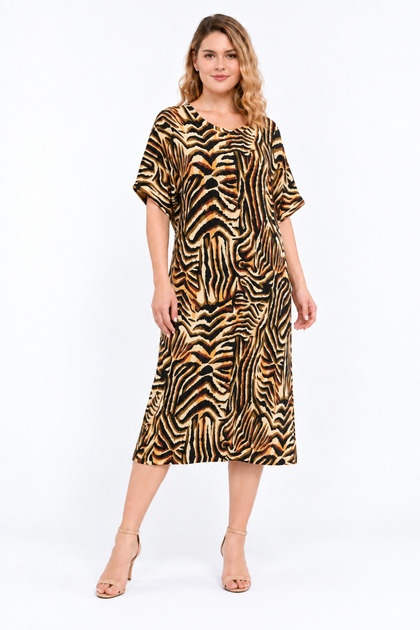 Women's Plus Size, Brown, Zebra Pattern, Low Sleeve Viscose Dress 65N39638