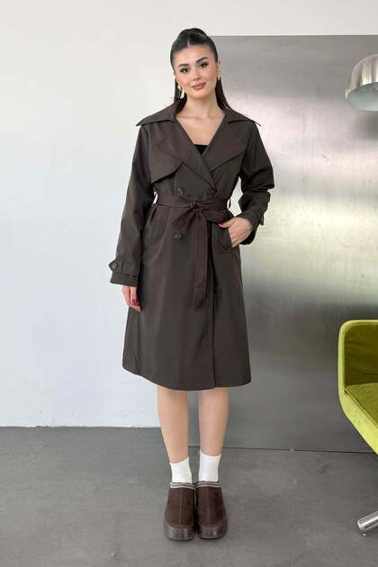 Women's Double-Breasted Collar Belted Long Trench Coat Brown - 27K 4058