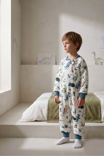 Dinosaur Patterned 2.5 Tog Fiber Filled Cotton Combed Cotton Lined Sleeping Bag for Girls and Boys