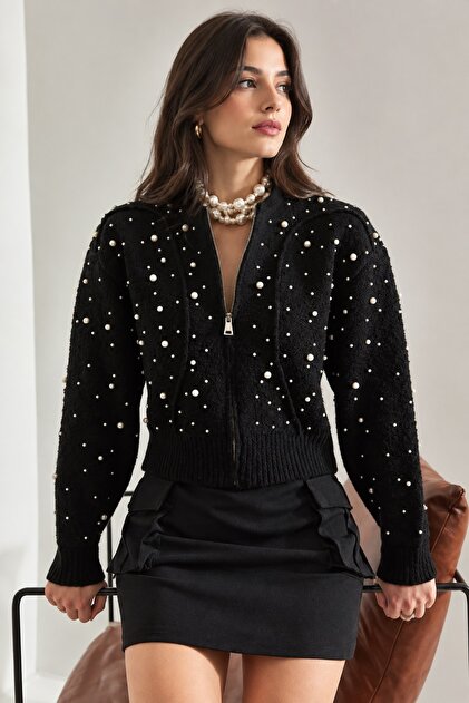 Women's Black Pearl Stone Embroidered Knitwear Cardigan