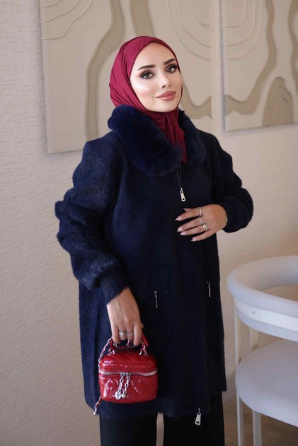 Navy Blue Soft Fur Collared Angora Knitwear Cardigan