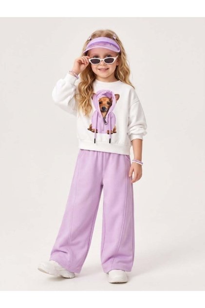 Girl's Dog Printed Sweatshirt and Wide-Leg Sweatpants Set