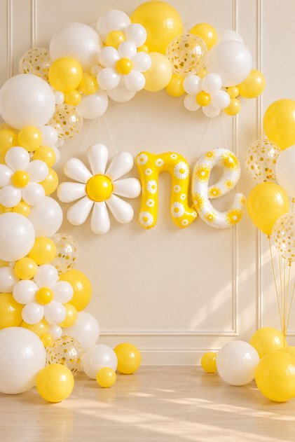 PARTİ 1 Yaş Doğum Günü Balon Seti | Papatya Temalı Sarı Beyaz ONE Folyo Balon | Balon Zinciri