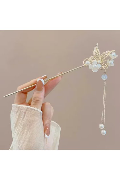Far Eastern Style Hair Stick with Butterfly and Pearl Tassel Detail