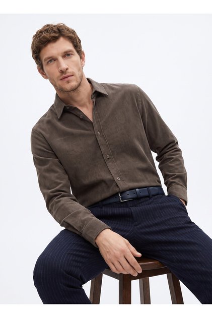 Bej Erkek Slim Fit Fitilli Gömlek F5WM-GML 2378 N