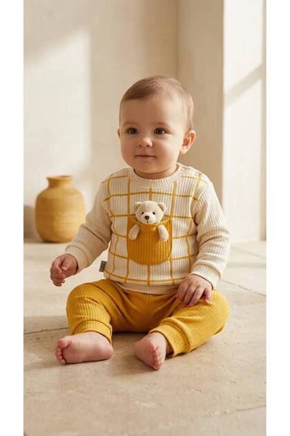 Baby Kids Knitwear Set – Ecru Square Patterned Teddy Bear Figured Top & Yellow Knitwear Bottom