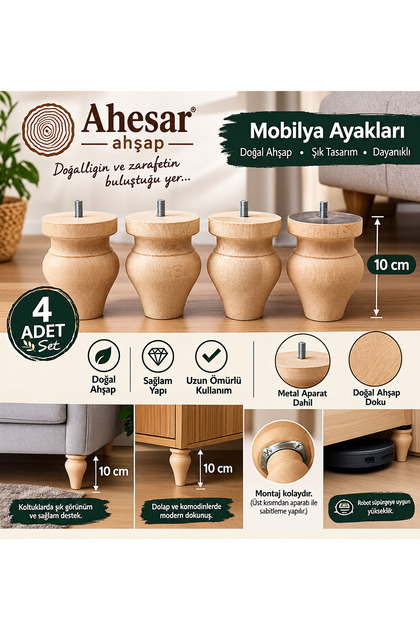 Ahesar Ahşap 10 cm Mobilya Ayağı 4’lü Set – Doğal Ahşap Dekoratif Koltuk ve Dolap Ayağı