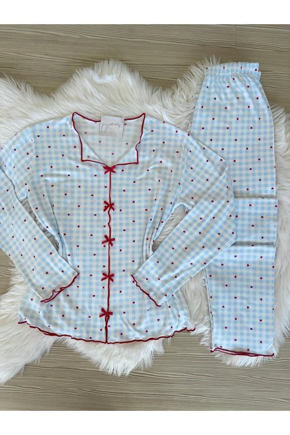 Blue Gingham with Red Heart Pattern and Bow Detail, Soft Feeling Long Sleeve Knitted Pajama Set