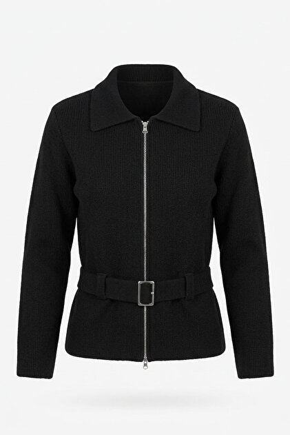 Premium Knitwear Cardigan with Waist Belt Detail - Black