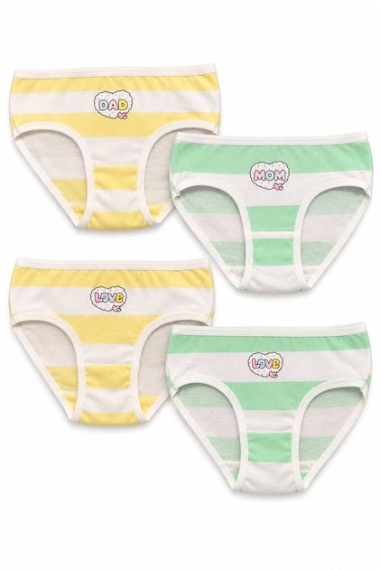 Girls' Panties Set 4-Piece Panties Set Cotton Kids Underwear Striped Mom Dad Patterned Printed Children's Slip Panties Gift Kids Panties Set Yellow Green White Girls' Underwear Sli̇p-K-19-Ys
