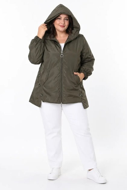 Women's Plus Size Khaki Hooded Zippered Waist Drawstring Lined Raincoat Coat with Pockets Hzl28W-Rzb12011