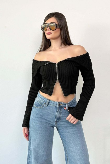 Women's Madonna Collar Zippered Cardigan Black - 27K 2603