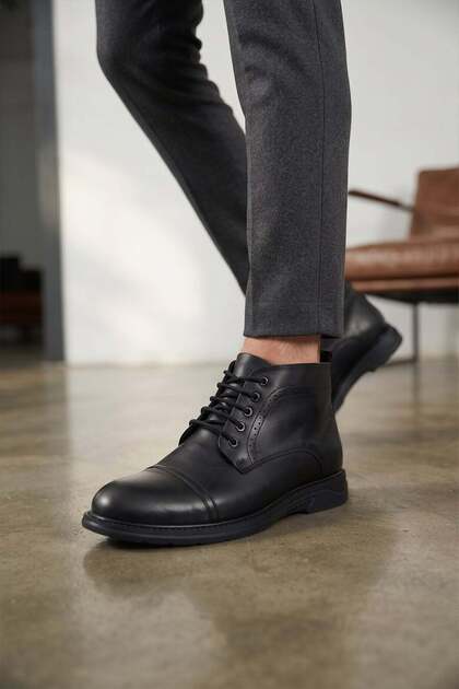 Elit 26Knbl6031 Men's Genuine Leather Flat Boots Black