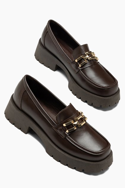 Zinnia Hakiki Deri Kahverengi Kalın Tabanlı Tokalı Kadın Loafer Ayakkabı