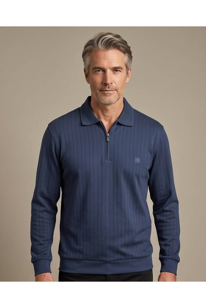 Erkek Polo Yaka Oysho Kumaş Yumuşak Doku Kalın Fitilli Dik Çizgili Desen Fermuarlı Uzun Kollu Mevsimlik T-Shirt