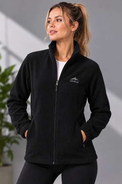 Women's Polar Full Zipper Sports Polar Jacket with Stand Collar and Pockets Outdoor Casual Polar