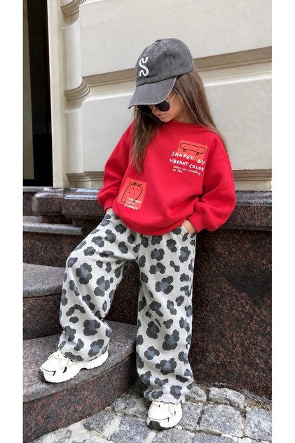 Kız Çocuk Gri Leopar Detaylı Pamuklu Takım