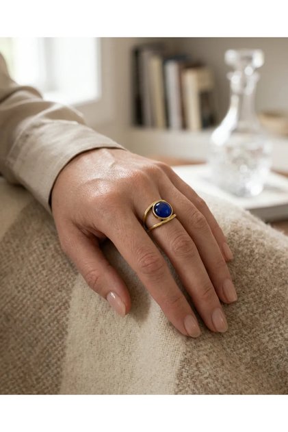 Bronze Women's Ring Authentic Copper Jewelry Round Navy Blue Stone Helen Model Adjustable Vintage