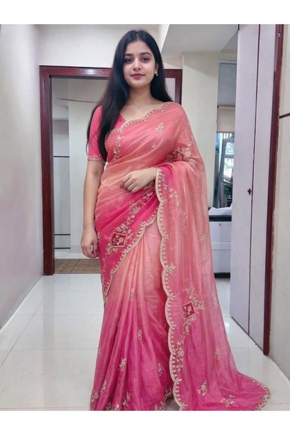 Pink & Peach Ombre Saree with Embroidered Scalloped Border - KTS9708 | Pink & Peach