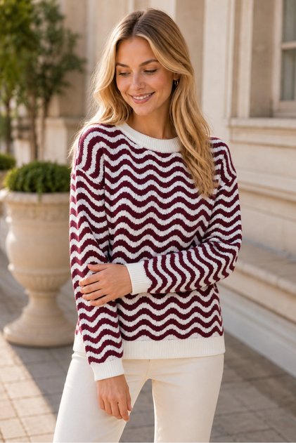 Women's Round Neck Long Sleeve Wave Pattern Soft Elegant Casual Trend Burgundy White Knitwear Sweater