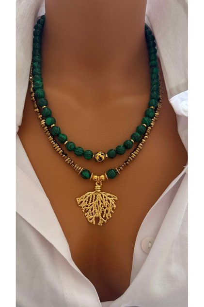 Crimped Malachite Hematite Stone Women's Necklace – Special Design Necklace with Gold Color Detail