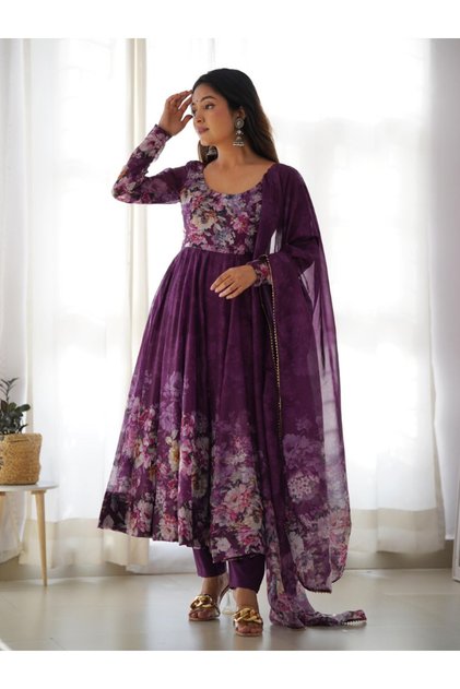 Purple Organza Silk Gown - HRT1832 | Purple-Size:S-36-Inches