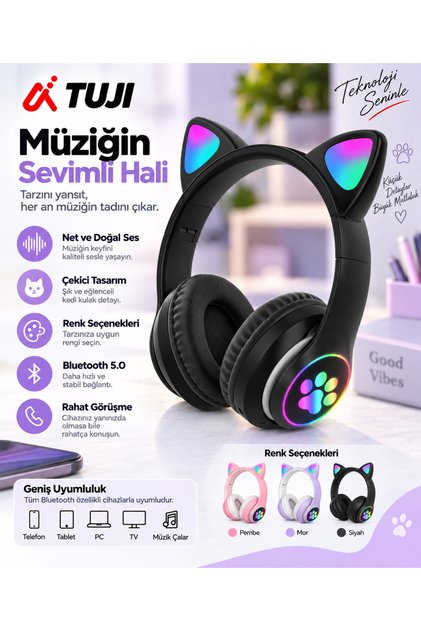 Kedi Kulaklı Bluetooth 5.0 Kablosuz Kulaklık – LED Işıklı, Mikrofonlu, Çocuk ve Gençler İçin, Telefon Tablet PC TV Uyumlu, Siyah