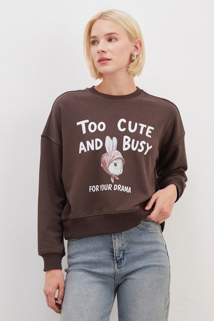 3 Threaded Unprinted Rabbit Printed Oversize Sweatshirt