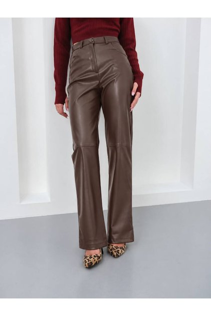 Women's Bitter Brown High Waist Spanish Leg Faux Leather Trousers Nh27752