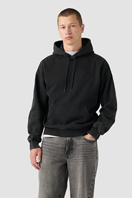 Original Kapüşonlu Eskitme Görünümlü Siyah Sweatshirt
