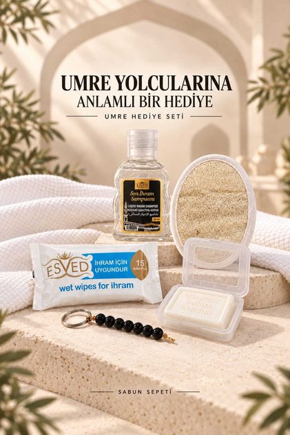 Umrah Gift Set — Unscented Ihram Soap and Shampoo, Tawaf Tasbih, Gourd Fiber, Wet Wipes