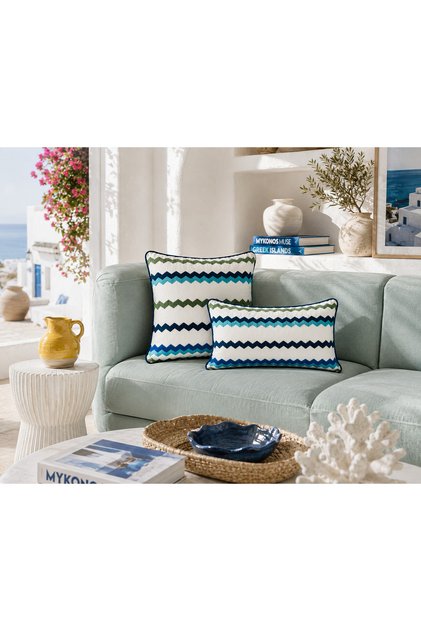 Zigzag Embroidered Blue Color Throw Pillow Cover