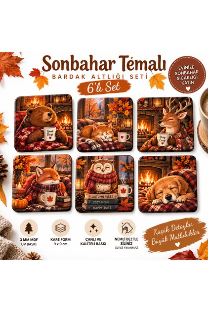 Autumn Themed Set of 6 Square Coasters – 9X9 cm 3 mm Mdf Uv Printing – Cozy Animal Pattern