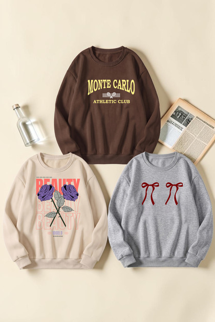 Unisex Mixed Printed Crew Neck Sweatshirt Set – Pack of 3