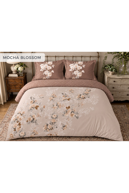 Mocha Blossom Fitted Double Duvet Cover Set – 100% Cotton