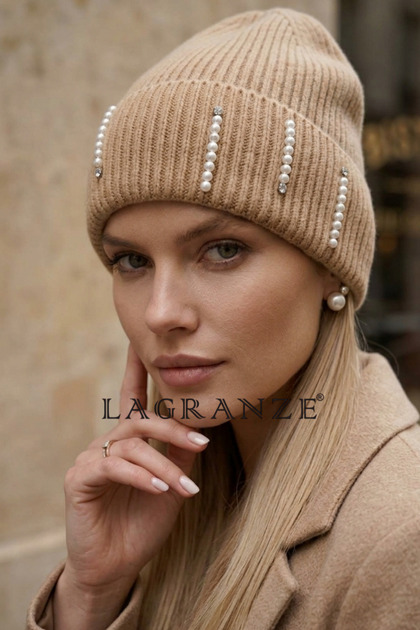 Ribbed Knit Row Pearl Detailed Women's Beanie