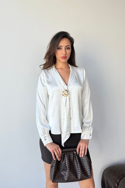 Ecru Shawl Collar Blouse with Gold Brooch Detail