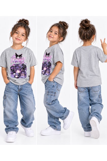Girl's Crew Neck Kuroomi Printed T-Shirt Comfortable Fit Casual Sports Stylish Kids T-Shirt