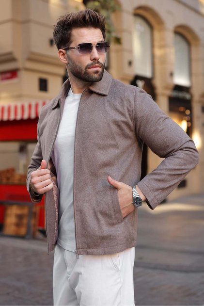 Camelfarbene, gefütterte Herrenjacke mit Reißverschluss E7207