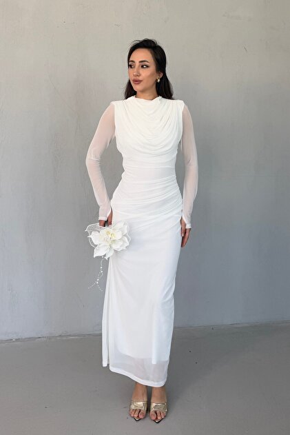 Ecru Degaje Collar Tulle Sleeves Long Dress