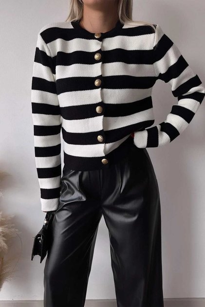 Gold Button Detailed Crew Neck Striped Trendy Basic Women's Cardigan