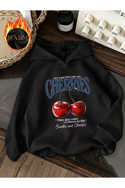 Autumn Winter Fashion Fleece-Lined Hooded "Letter Cherry" Printed Sweatshirt, Loose-Fit Casual Long-Sleeved Hoodie Dm10547