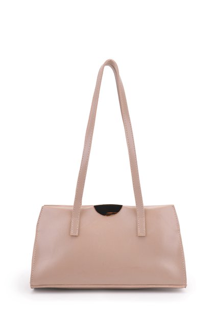 Baguette Form Faux Leather Stella Women's Shoulder Bag with Metal Accessories Beige